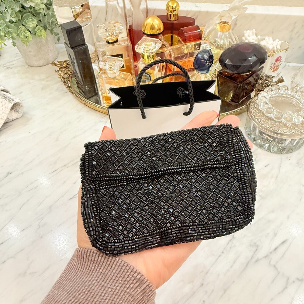 Vintage French Black Beaded Belt Bag with Chanel Gift Bag 5" X 3.5" - Picture 5 of 17